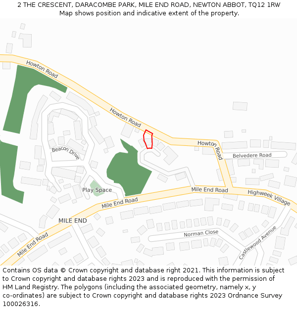 2 THE CRESCENT, DARACOMBE PARK, MILE END ROAD, NEWTON ABBOT, TQ12 1RW: Location map and indicative extent of plot