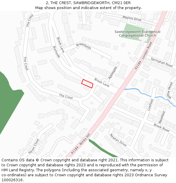 2, THE CREST, SAWBRIDGEWORTH, CM21 0ER: Location map and indicative extent of plot