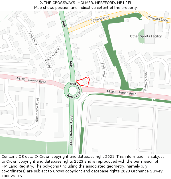 2, THE CROSSWAYS, HOLMER, HEREFORD, HR1 1FL: Location map and indicative extent of plot