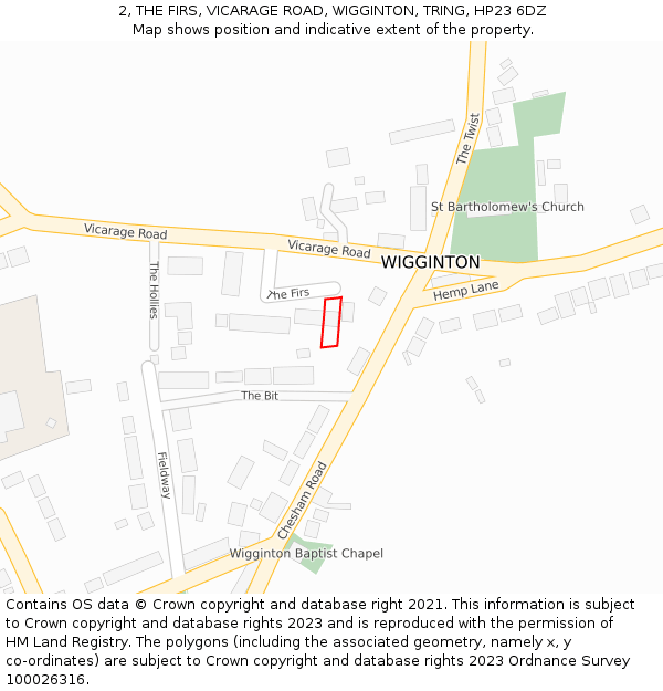 2, THE FIRS, VICARAGE ROAD, WIGGINTON, TRING, HP23 6DZ: Location map and indicative extent of plot