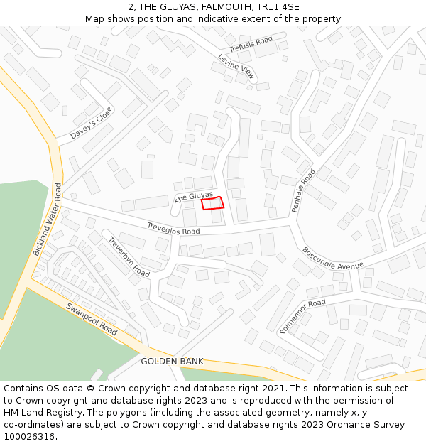 2, THE GLUYAS, FALMOUTH, TR11 4SE: Location map and indicative extent of plot
