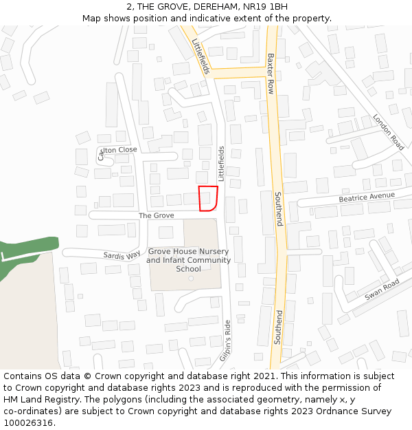 2, THE GROVE, DEREHAM, NR19 1BH: Location map and indicative extent of plot