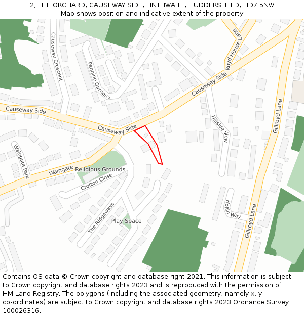 2, THE ORCHARD, CAUSEWAY SIDE, LINTHWAITE, HUDDERSFIELD, HD7 5NW: Location map and indicative extent of plot