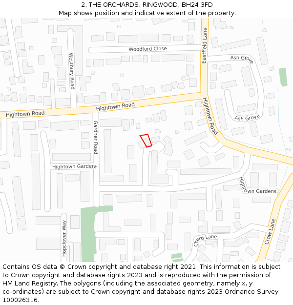 2, THE ORCHARDS, RINGWOOD, BH24 3FD: Location map and indicative extent of plot