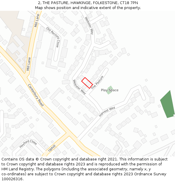 2, THE PASTURE, HAWKINGE, FOLKESTONE, CT18 7PN: Location map and indicative extent of plot