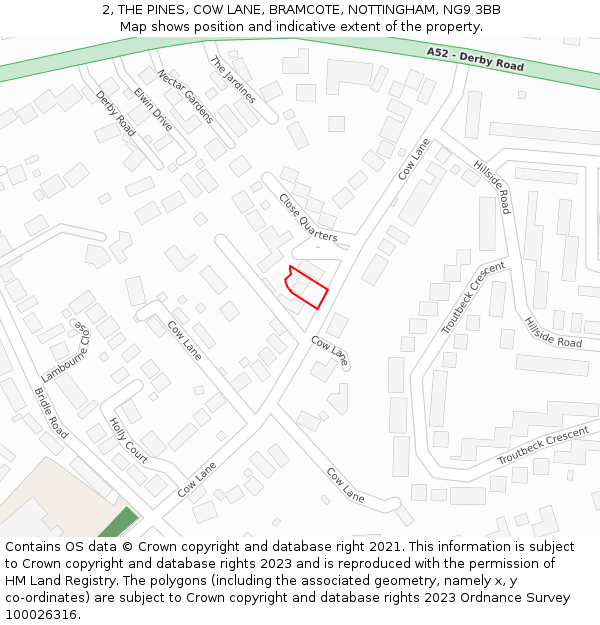 2, THE PINES, COW LANE, BRAMCOTE, NOTTINGHAM, NG9 3BB: Location map and indicative extent of plot
