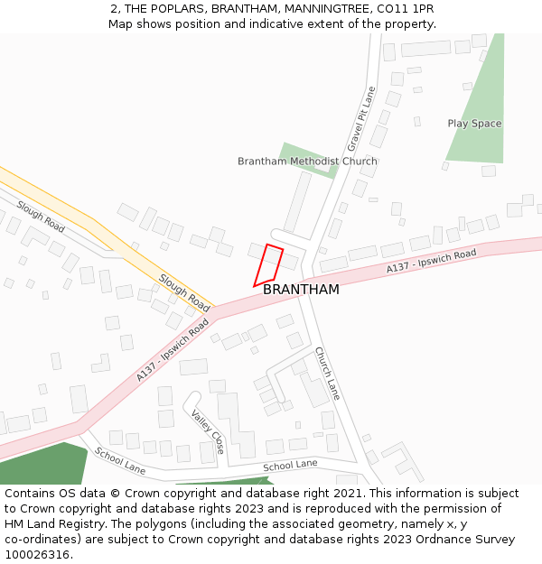 2, THE POPLARS, BRANTHAM, MANNINGTREE, CO11 1PR: Location map and indicative extent of plot