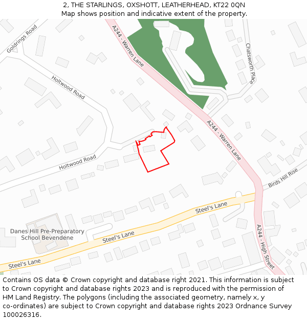 2, THE STARLINGS, OXSHOTT, LEATHERHEAD, KT22 0QN: Location map and indicative extent of plot