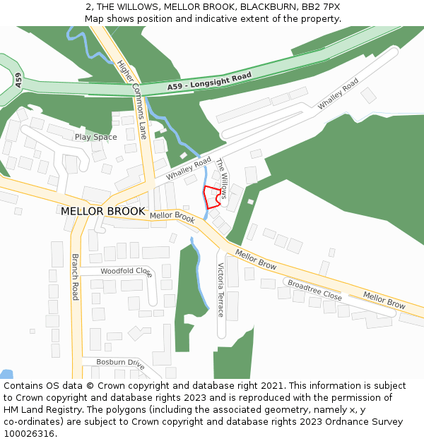 2, THE WILLOWS, MELLOR BROOK, BLACKBURN, BB2 7PX: Location map and indicative extent of plot