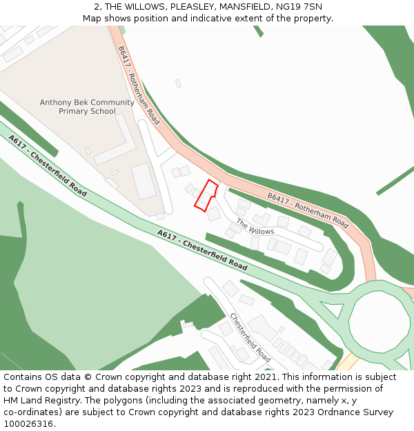 2, THE WILLOWS, PLEASLEY, MANSFIELD, NG19 7SN: Location map and indicative extent of plot