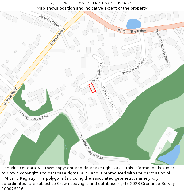2, THE WOODLANDS, HASTINGS, TN34 2SF: Location map and indicative extent of plot