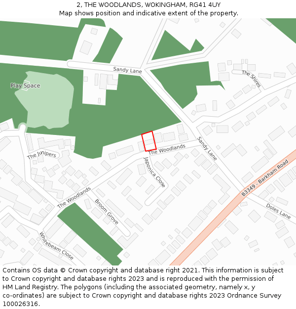 2, THE WOODLANDS, WOKINGHAM, RG41 4UY: Location map and indicative extent of plot