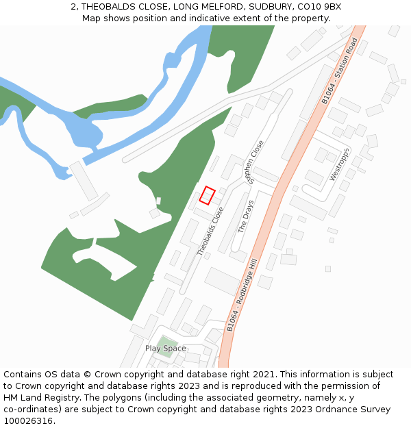 2, THEOBALDS CLOSE, LONG MELFORD, SUDBURY, CO10 9BX: Location map and indicative extent of plot