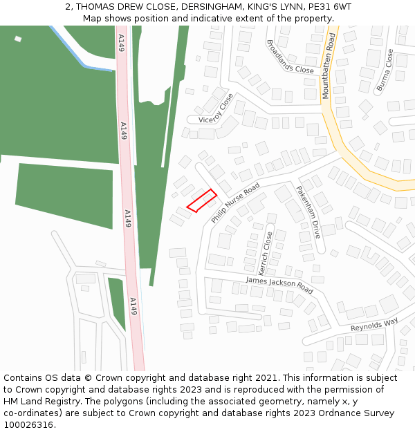 2, THOMAS DREW CLOSE, DERSINGHAM, KING'S LYNN, PE31 6WT: Location map and indicative extent of plot