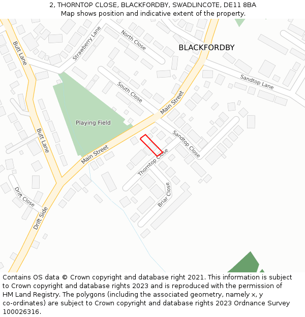 2, THORNTOP CLOSE, BLACKFORDBY, SWADLINCOTE, DE11 8BA: Location map and indicative extent of plot