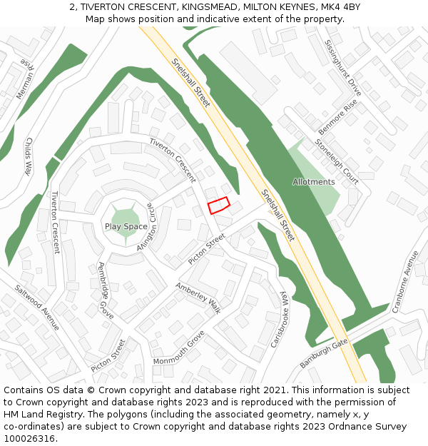 2, TIVERTON CRESCENT, KINGSMEAD, MILTON KEYNES, MK4 4BY: Location map and indicative extent of plot