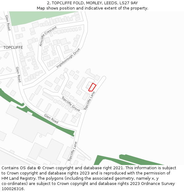 2, TOPCLIFFE FOLD, MORLEY, LEEDS, LS27 9AY: Location map and indicative extent of plot