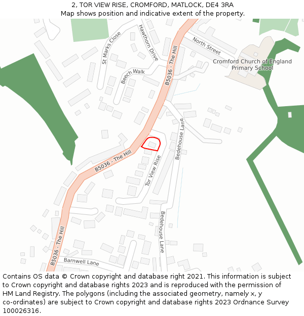 2, TOR VIEW RISE, CROMFORD, MATLOCK, DE4 3RA: Location map and indicative extent of plot