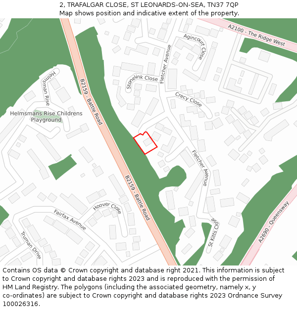 2, TRAFALGAR CLOSE, ST LEONARDS-ON-SEA, TN37 7QP: Location map and indicative extent of plot