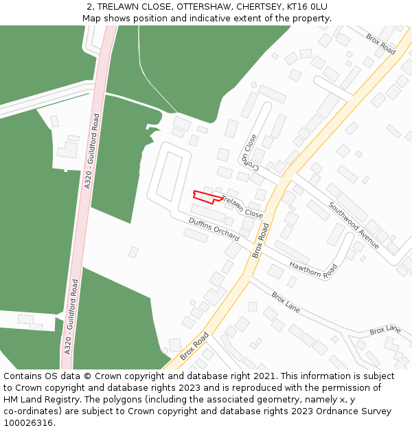 2, TRELAWN CLOSE, OTTERSHAW, CHERTSEY, KT16 0LU: Location map and indicative extent of plot