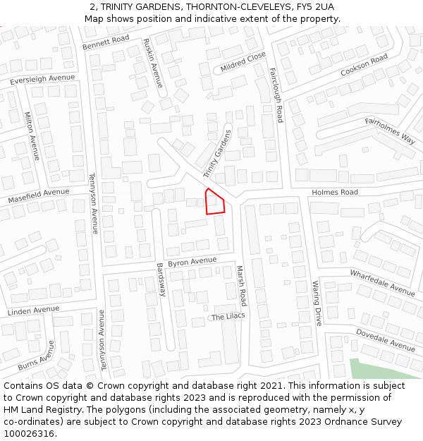 2, TRINITY GARDENS, THORNTON-CLEVELEYS, FY5 2UA: Location map and indicative extent of plot