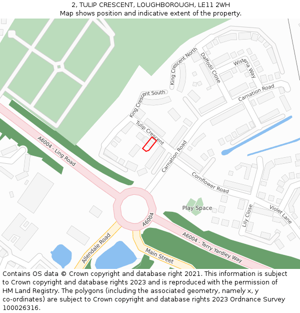 2, TULIP CRESCENT, LOUGHBOROUGH, LE11 2WH: Location map and indicative extent of plot