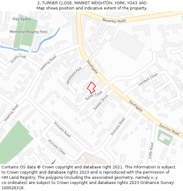 2, TURNER CLOSE, MARKET WEIGHTON, YORK, YO43 3AD: Location map and indicative extent of plot