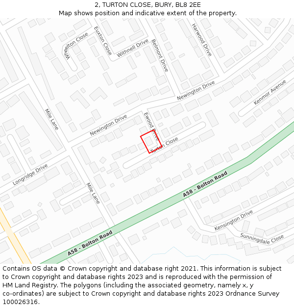 2, TURTON CLOSE, BURY, BL8 2EE: Location map and indicative extent of plot