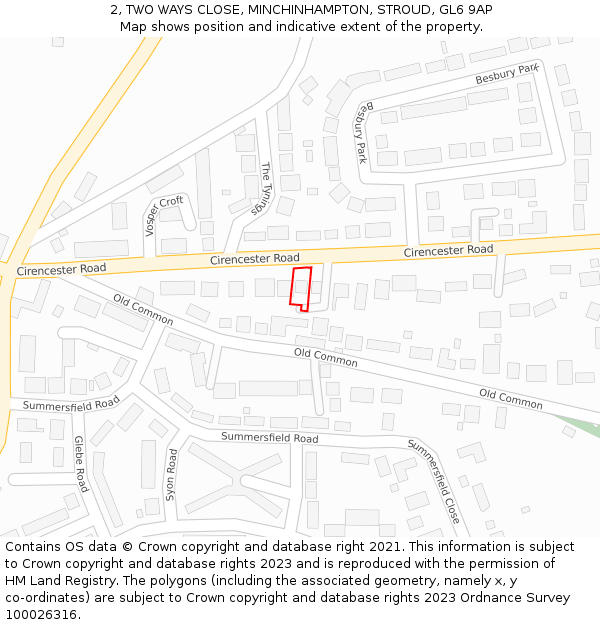 2, TWO WAYS CLOSE, MINCHINHAMPTON, STROUD, GL6 9AP: Location map and indicative extent of plot