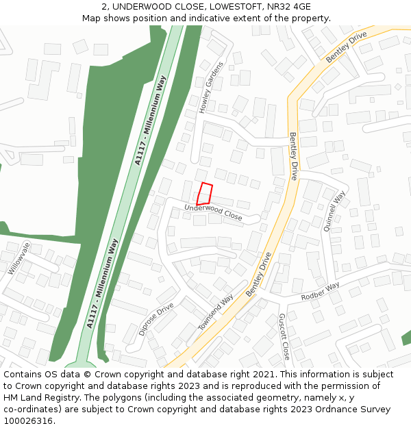 2, UNDERWOOD CLOSE, LOWESTOFT, NR32 4GE: Location map and indicative extent of plot