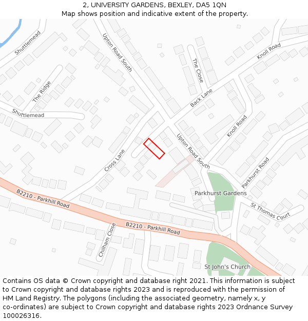 2, UNIVERSITY GARDENS, BEXLEY, DA5 1QN: Location map and indicative extent of plot