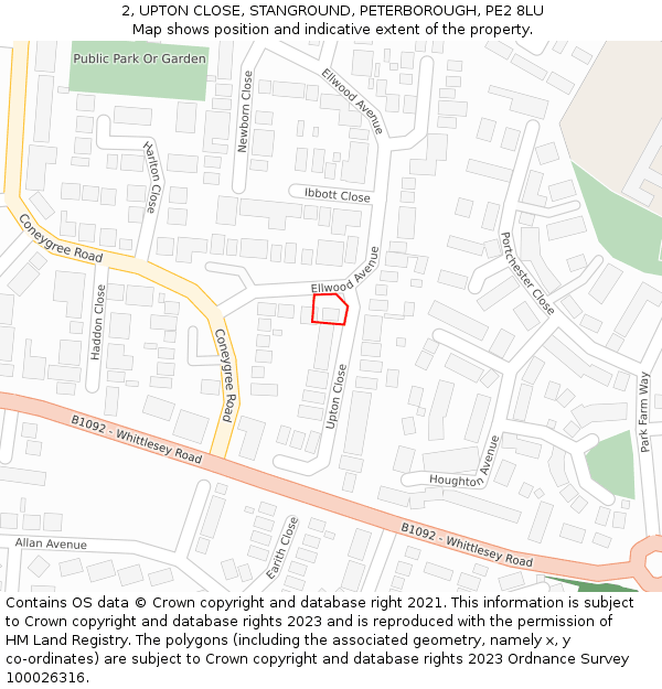 2, UPTON CLOSE, STANGROUND, PETERBOROUGH, PE2 8LU: Location map and indicative extent of plot