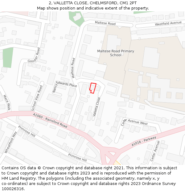 2, VALLETTA CLOSE, CHELMSFORD, CM1 2PT: Location map and indicative extent of plot