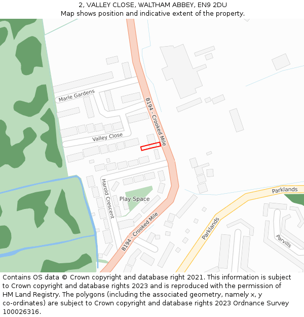 2, VALLEY CLOSE, WALTHAM ABBEY, EN9 2DU: Location map and indicative extent of plot