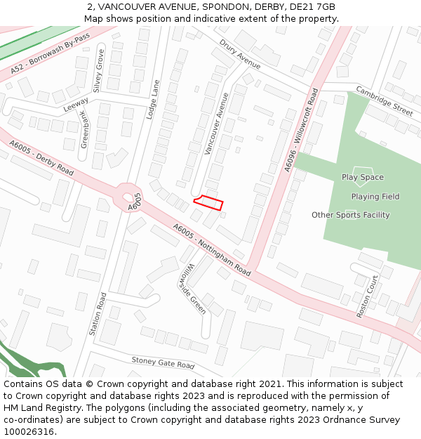 2, VANCOUVER AVENUE, SPONDON, DERBY, DE21 7GB: Location map and indicative extent of plot