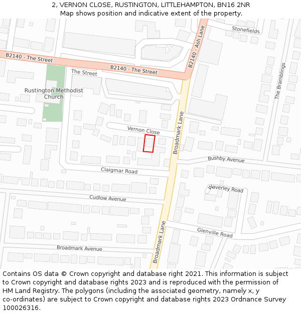 2, VERNON CLOSE, RUSTINGTON, LITTLEHAMPTON, BN16 2NR: Location map and indicative extent of plot