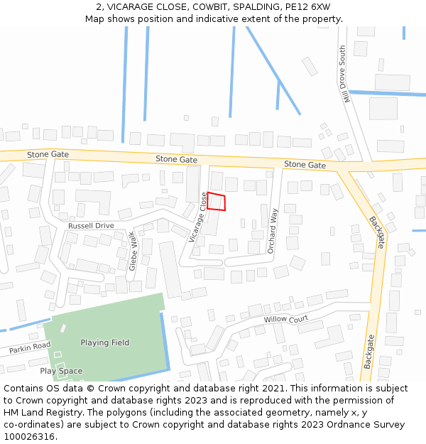 2, VICARAGE CLOSE, COWBIT, SPALDING, PE12 6XW: Location map and indicative extent of plot