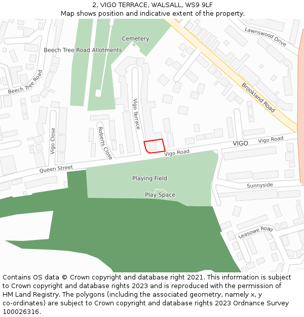 2, VIGO TERRACE, WALSALL, WS9 9LF: Location map and indicative extent of plot