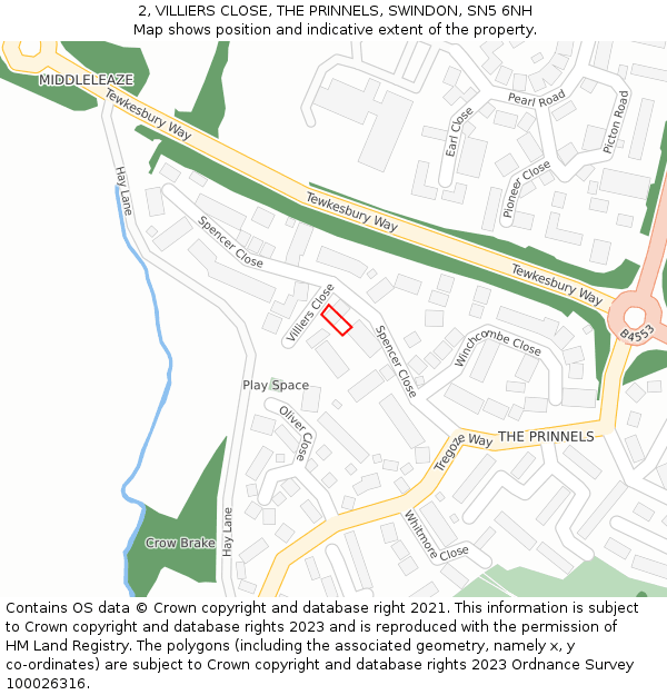 2, VILLIERS CLOSE, THE PRINNELS, SWINDON, SN5 6NH: Location map and indicative extent of plot