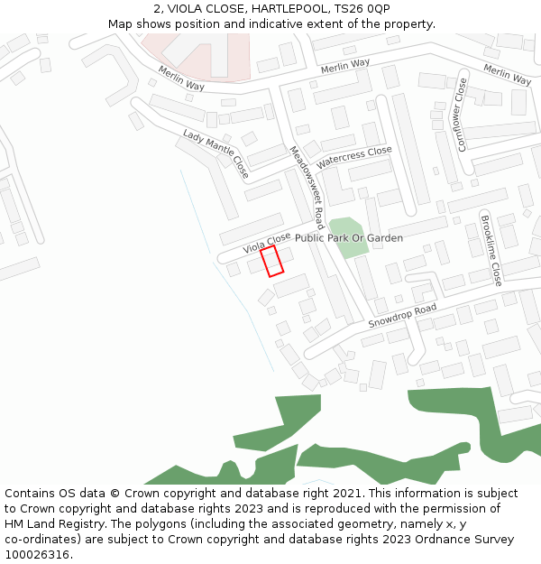 2, VIOLA CLOSE, HARTLEPOOL, TS26 0QP: Location map and indicative extent of plot