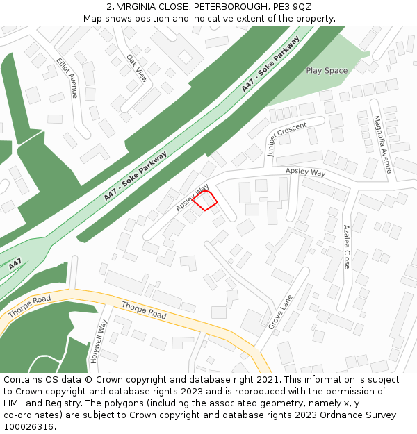 2, VIRGINIA CLOSE, PETERBOROUGH, PE3 9QZ: Location map and indicative extent of plot
