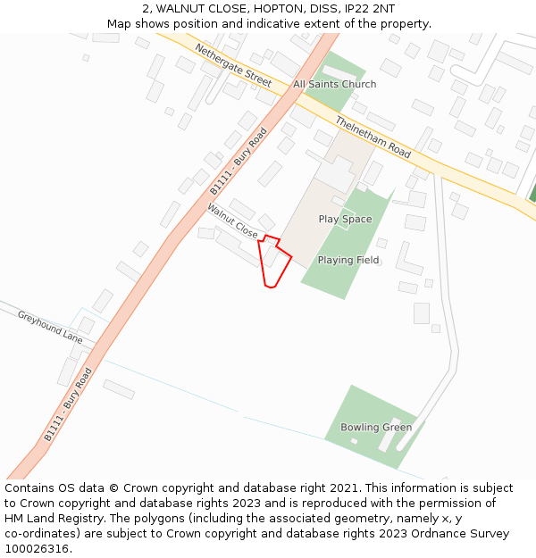 2, WALNUT CLOSE, HOPTON, DISS, IP22 2NT: Location map and indicative extent of plot