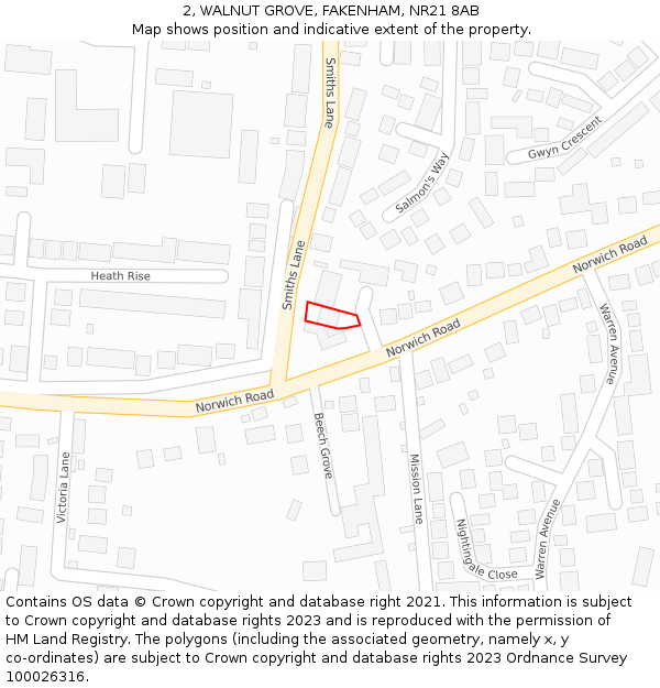 2, WALNUT GROVE, FAKENHAM, NR21 8AB: Location map and indicative extent of plot