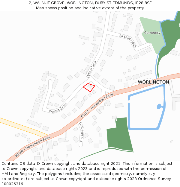2, WALNUT GROVE, WORLINGTON, BURY ST EDMUNDS, IP28 8SF: Location map and indicative extent of plot