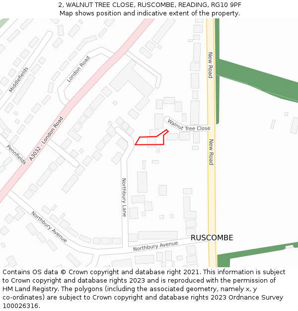 2, WALNUT TREE CLOSE, RUSCOMBE, READING, RG10 9PF: Location map and indicative extent of plot