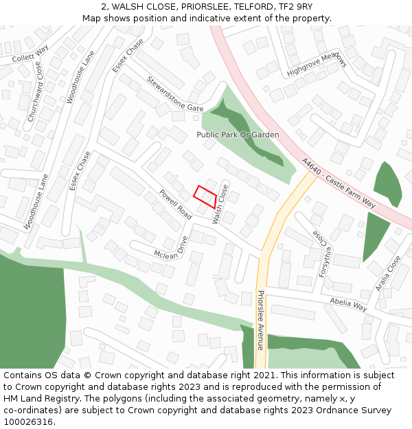 2, WALSH CLOSE, PRIORSLEE, TELFORD, TF2 9RY: Location map and indicative extent of plot