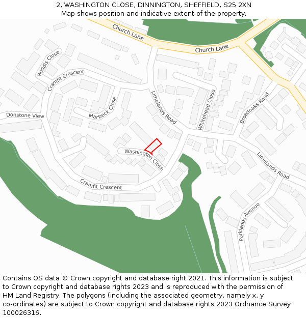 2, WASHINGTON CLOSE, DINNINGTON, SHEFFIELD, S25 2XN: Location map and indicative extent of plot