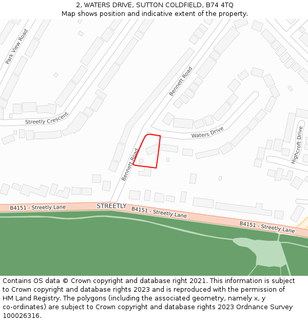 2, WATERS DRIVE, SUTTON COLDFIELD, B74 4TQ: Location map and indicative extent of plot