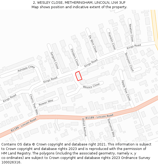 2, WESLEY CLOSE, METHERINGHAM, LINCOLN, LN4 3UF: Location map and indicative extent of plot