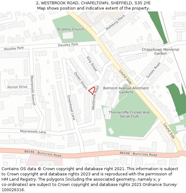 2, WESTBROOK ROAD, CHAPELTOWN, SHEFFIELD, S35 2YE: Location map and indicative extent of plot